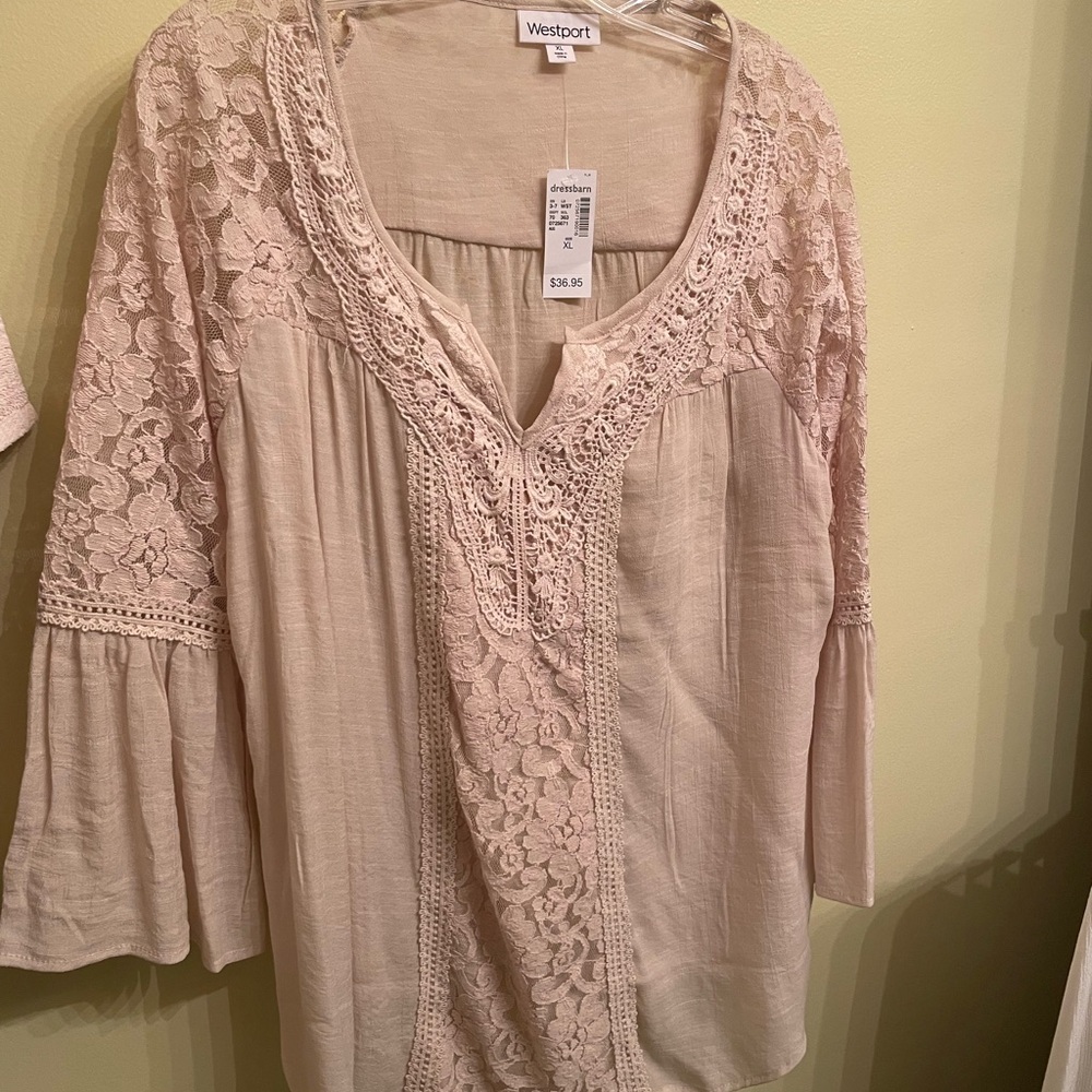 Dressbarn Cream Ruffled Blouse with Lace Details